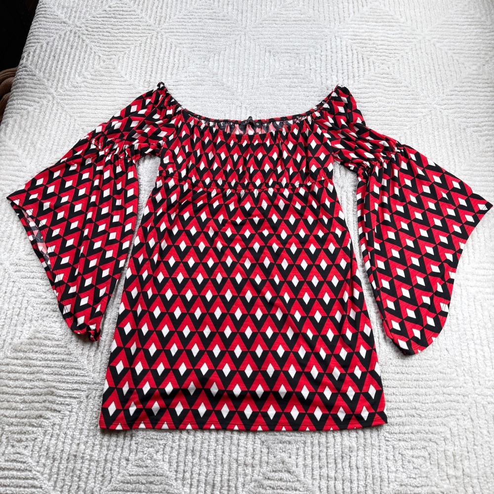 Joyce Bell Sleeve Top Womens M Red Black Geometric Harlequin Retro Hippie Disco
